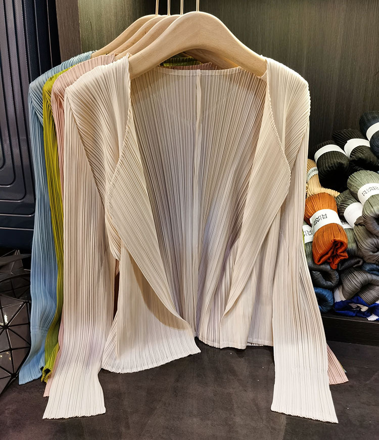 Áo cardigan nữ tay dài xếp ly không cài khuy, phong cách đơn giản cao cấp mùa xuân hè — Màu xanh lam nhạt, Màu đen, Xanh Lông Công, Màu hồng chi tiết 1