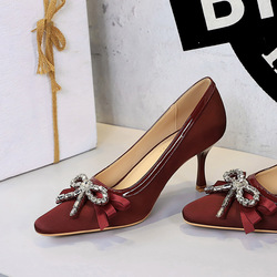 322-H133 European and American banquet, one foot fashion high heels for women, square toe rhinestone ribbon bow single shoes for women