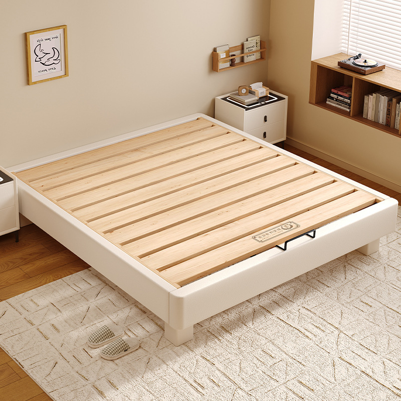 Pure Solid Wood Bed Without Bedside, Non-Interfering, Silent, Thickened 1.8m Tatami Row Frame Bed Frame, Upholstered Leather Bed