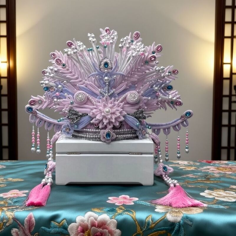 【Material Kit】Pink and White Phoenix Crown Traditional Chinese Style 3D Twisty Stick Three-Phoenix Crown Handmade DIY with Green Embellishments