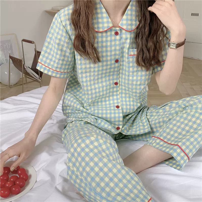 夏季小清新格子睡衣女夏日简约棉质透气短袖长裤套装可外穿家居服