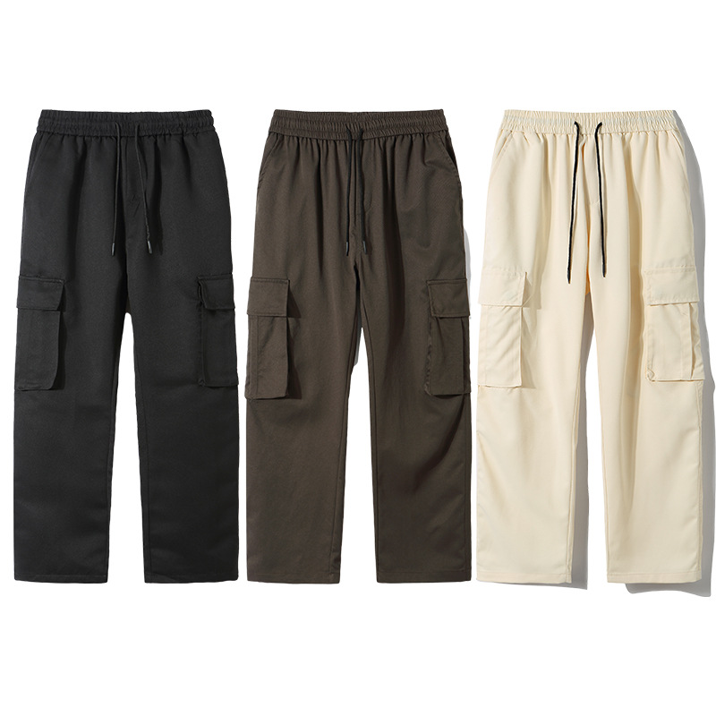 Herren-Streetwear-Hose mit mehreren Taschen und trendigen Etiketten, locker sitzende Freizeithose mit weitem Bein und geradem Bein_voghion.com