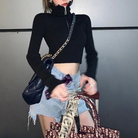 Pullover Sweater Women's Autumn New Long-Sleeved Slim-Fit Slimming Short Cropped Thin Turtleneck Sweater