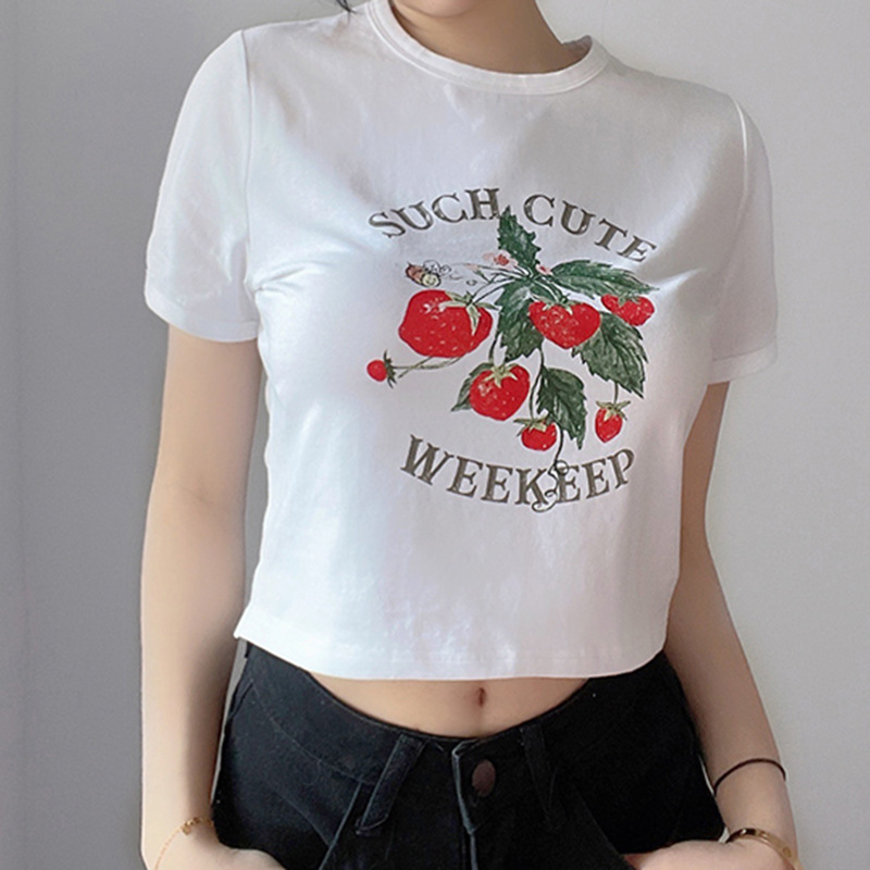 strawberry print short-sleeved round neck slim short T-shirt NSGWY123154