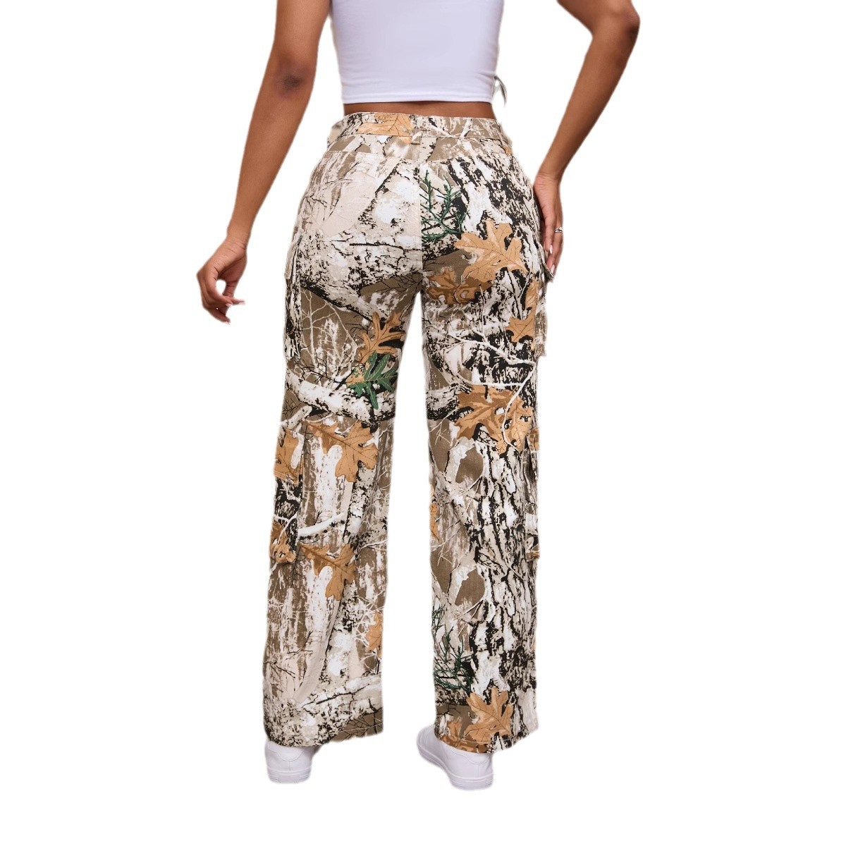 Nuevos jeans de trabajo con estampado de camuflaje estilo europeo y americano para mujer, otoño 2026, cintura alta, corte holgado, talla grande, en stock.