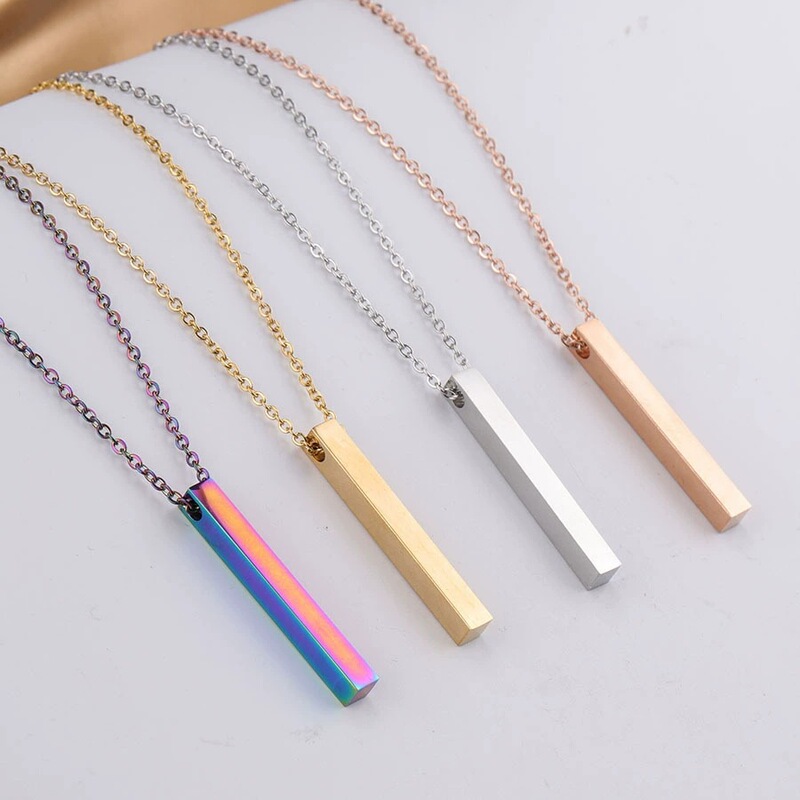Personalized Simple Long Necklace Stainless Steel Stereo Stick Four-Sided Engraving Custom Clavicle Chain Cross-Border Hot Sale