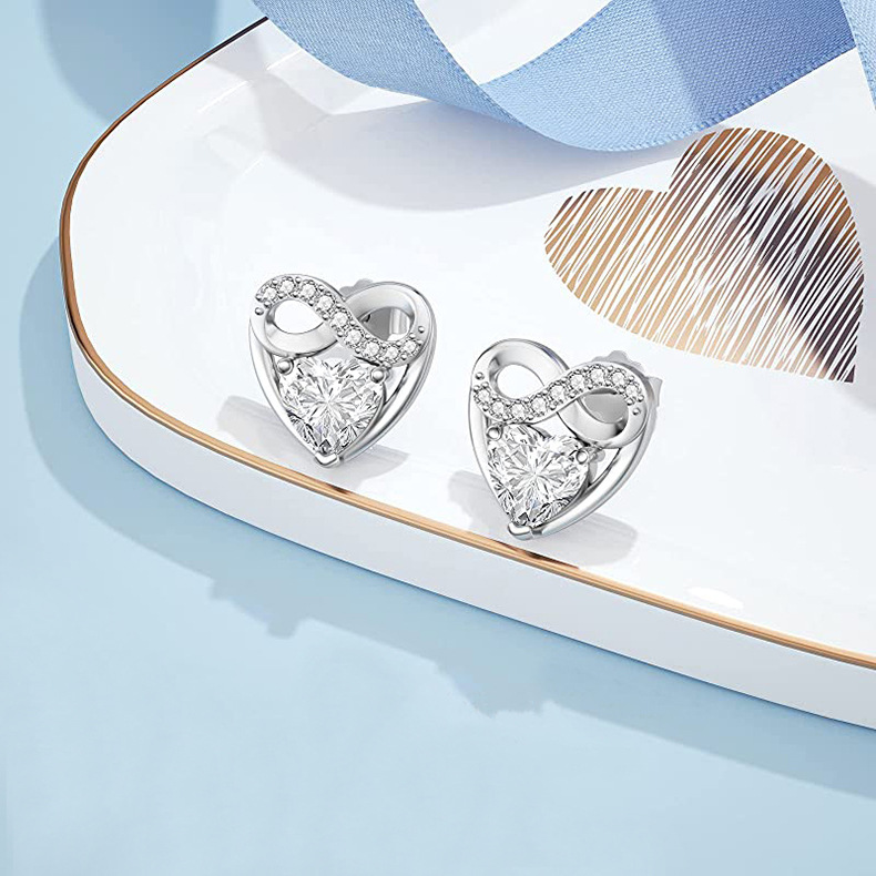1 Pair Quantity Holiday, Daily Occasion 1 Pair 925 Sterling Silver Zircon Heart Shape Ear Studs