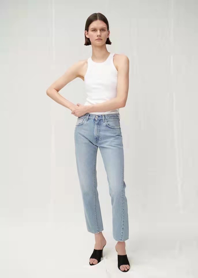 北欧TOT简约显瘦不对称纽缝牛仔裤2021款高品质