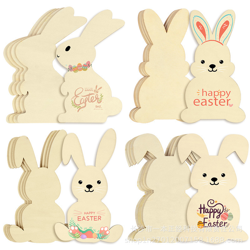Unfinished Easter Bunny Wood Slices DIY Wooden Paint Crafts Handmade Ornaments Easter Decorations