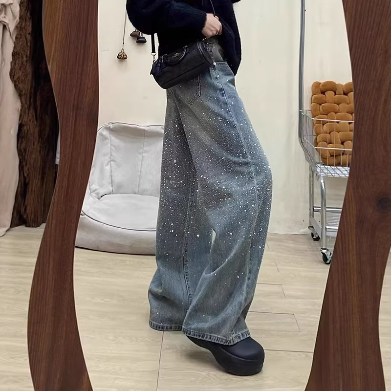 Women’S High-Waisted Flared Jeans – Winter Fleece-Lined Wide-Leg Denim Pants With Rhinestone Embellishments (S-2xl, Non-Stretch Cotton, Deep Blue)_voghion.com