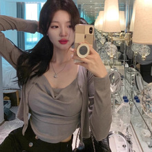 韩国代购东大门秋新款时尚套装褶皱修身吊带短款气质开衫两件套女