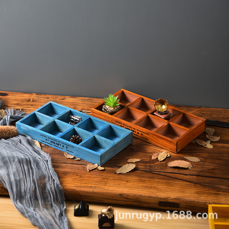 Zakka 빈티지 나무 가정용 커피 테이블 보관 상자 창조적 인 다육 식물 나무 화분 8 그리드 트레이
