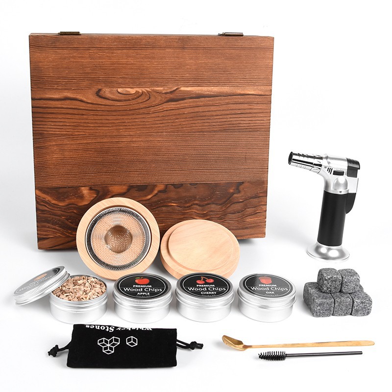 Caja de madera de haya transfronteriza cóctel ahumador caja de regalo juego bar barman whisky hielo vino piedra ahumador