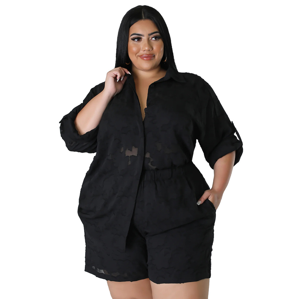 Spring Summer Women's Chiffon Jacquard Clothing Set Hollowed out Top And Shorts_ecoleips.com
