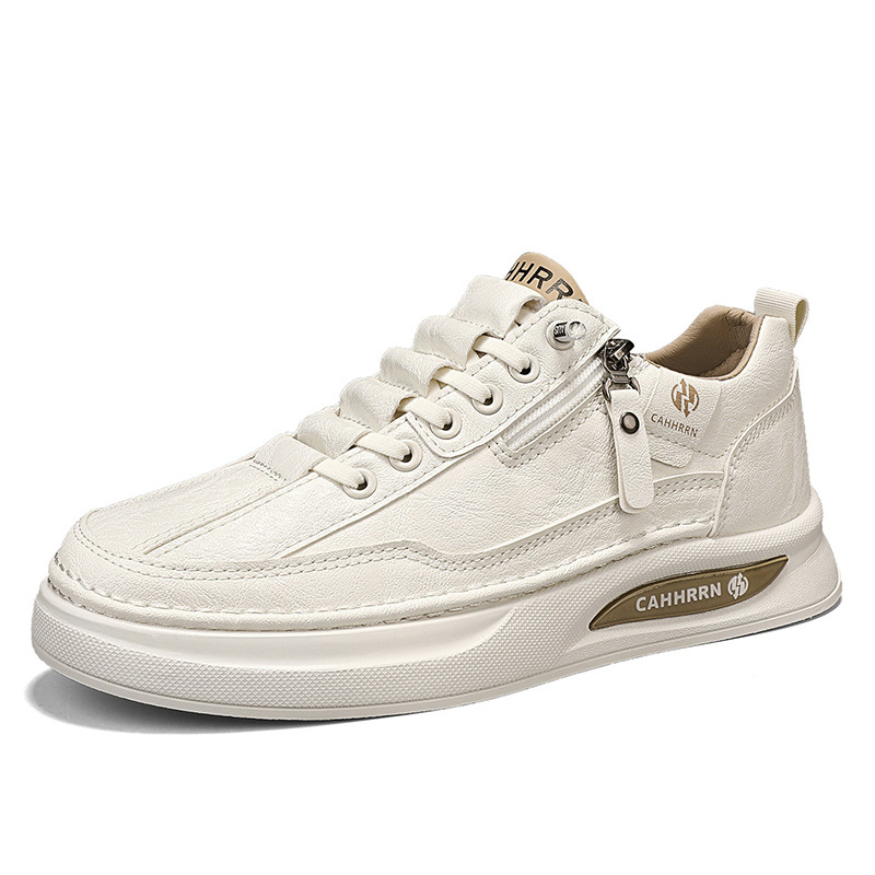 Zapatos de skate para hombres zapatos blancos bajos estudiantes 2025 nuevos zapatos de cuero casuales de primavera para hombres zapatos de moda con cremallera para adolescentes