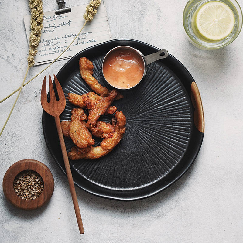 Plato de cerámica Wujin Moyu Plato de carne transfronterizo Plato de comida para el hogar Plato de comida en oro de restaurante Plato de pasta Tazón Vajilla Estilo japonés