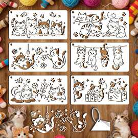 6件可爱猫咪绘画模板多种小猫和爪子图案模板织物日记本T恤枕套
