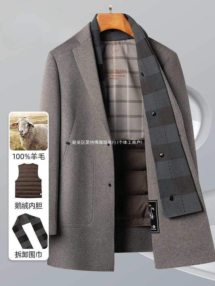 Pierre Cardin cashmere coat men's mid-length autumn and winter dad wear middle-aged woolen scarf collar thickened coat