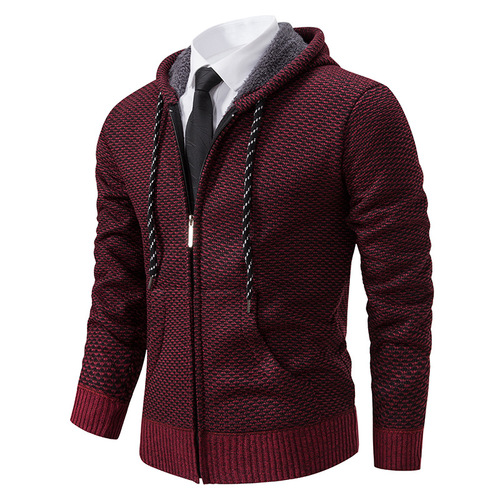 Cross-border European and American-style Cardigan Sweater for Men – Autumn/Winter Fleece-Lined Knitwear, Men's Outdoor Hooded Knitted Jacket
