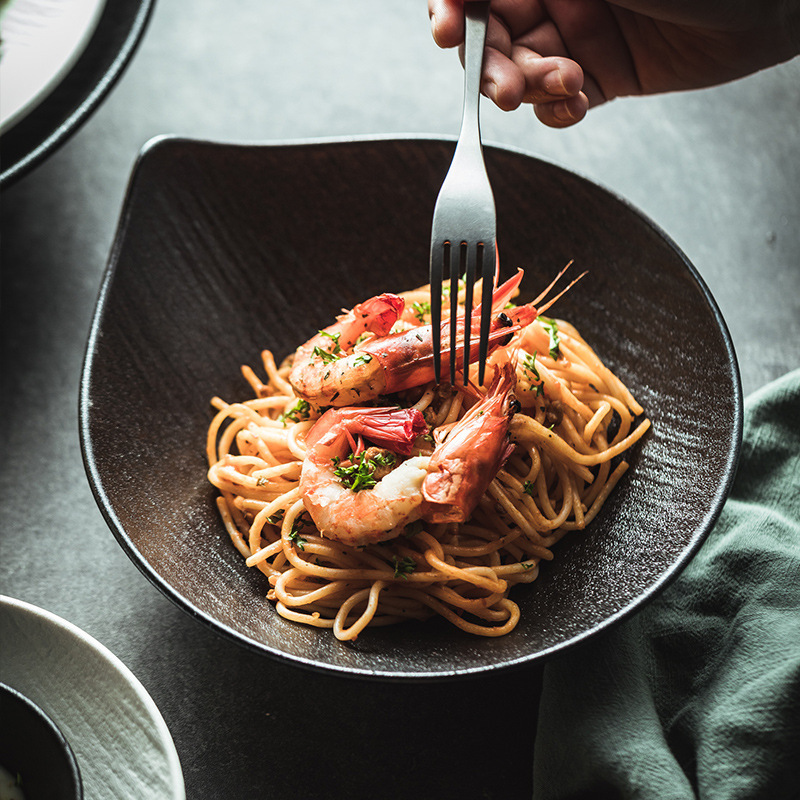 Stone Pattern Series Japanese Tableware Ceramic Salad Bowl Household High-Value Accessible Luxury Dessert Bowl High-End Pasta Plate