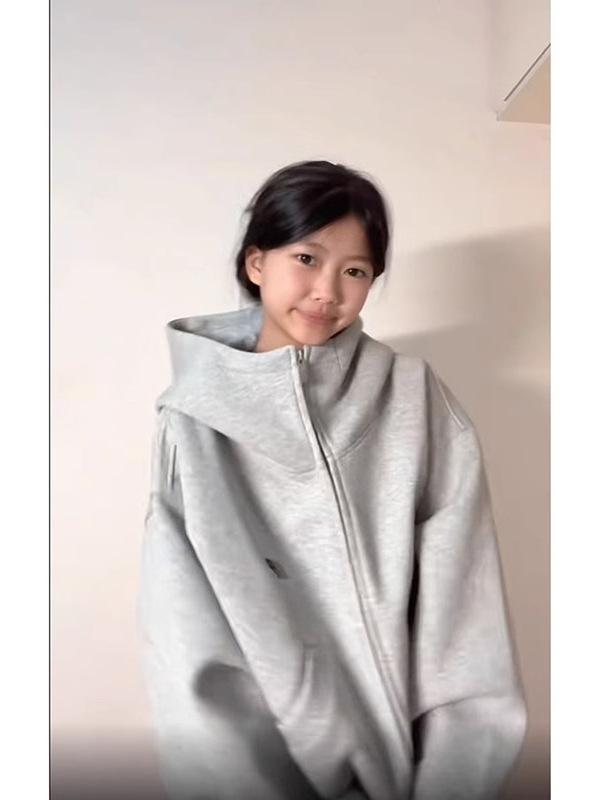 美式高街潮牌灰色高领连帽卫衣女春秋宽松高级感休闲情侣百搭外套|undefined