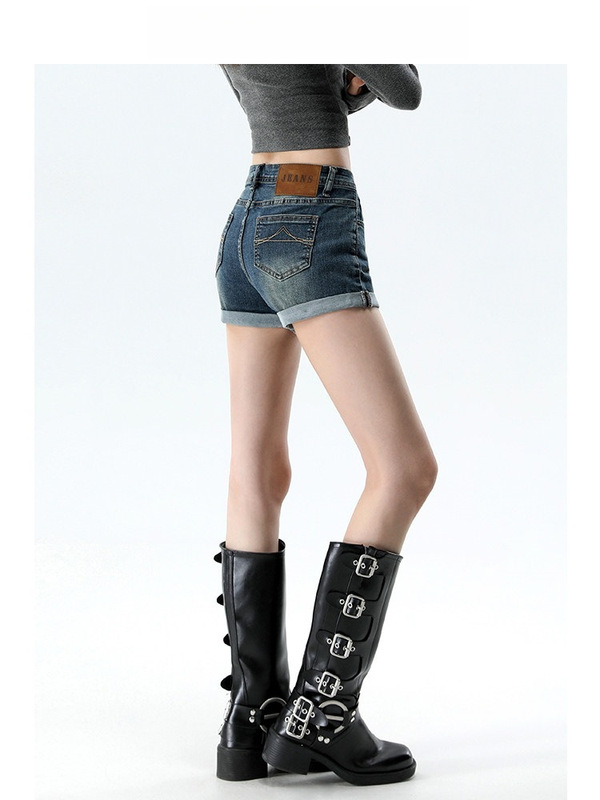 American Hot Girl Style Retro Blue Low-Waist Denim Shorts for Women, New Summer Style Hip-Hugging Rolled-Edge Hot Pants