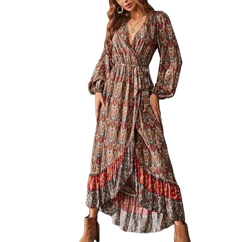 Women's New Long-sleeved Bohemian Print Maxi Dress