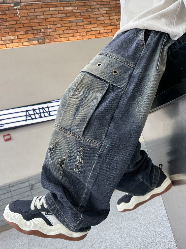 Jeans a gamba larga effetto used per bambine - Vita elasticizzata, comodo misto cotone, stile streetwear alla moda (120 cm-170 cm)_voghion.com