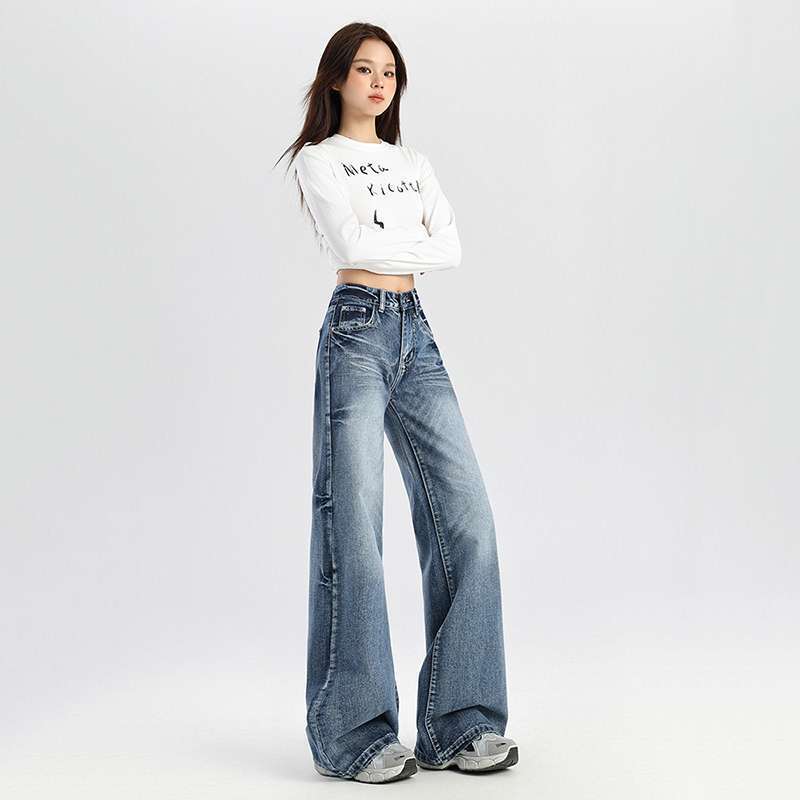 Wholesale Retro Low-Waist Bootcut Jeans for Women in Autumn Cracked Washed American Loose Flared Wide-Leg Pants Wholesale Retro Low-Waist Bootcut Jeans for Women in Autumn Cracked Washed American Loose Flared Wide-Leg Pants