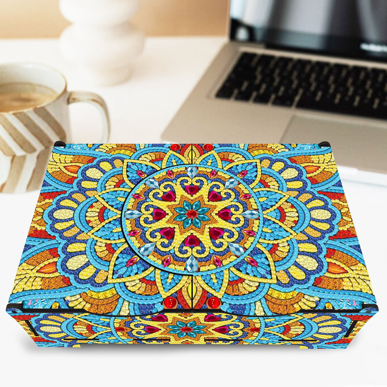 Pintura de diamantes hecha a mano DIY punto perforación de madera mandala caja de maquillaje de almacenamiento abierta al por mayor