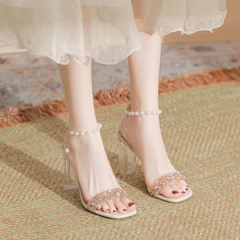 French Transparent Rhinestone Sandals for Women Summer 2026 New Fairy Style Matching Skirt Bridesmaid Crystal Shoes Thick Heel High Heels