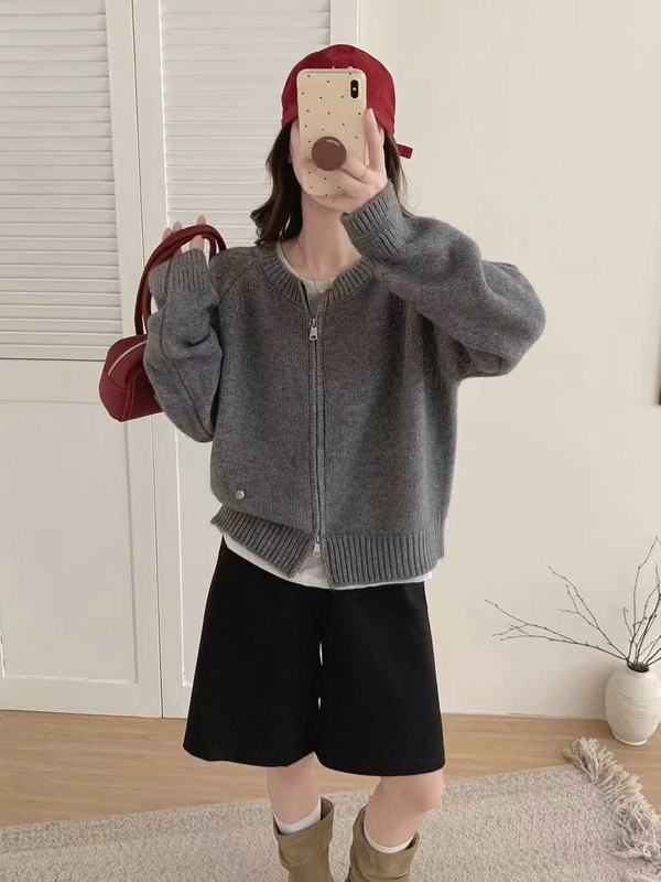 慵懒风双拉链毛衣外套女2025秋冬马海毛贝壳标简约韩系针织开衫潮|undefined