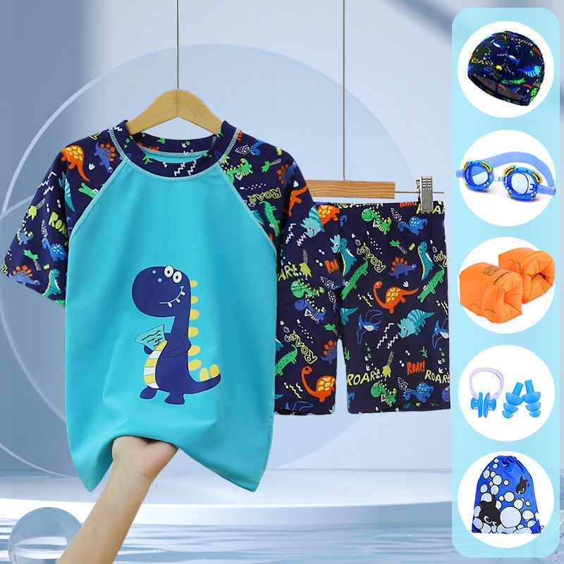 Children's Swimwear Boys Swimming Trunks Split Suit Baby Big Boy Swimwear Cartoon Dinosaur Quick-Dry Swimsuit