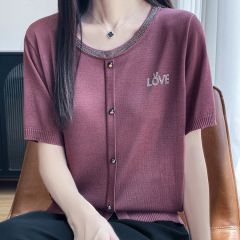 夏ニット 100% テンセル半袖レターホットダイヤモンドルーズ Tシャツ女性の夏薄いラウンドネック多用途