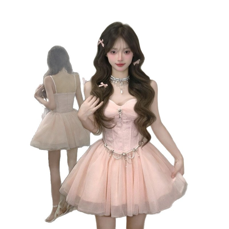 甜美减龄少女风收腰吊带连衣裙新款轻奢精致感显瘦网纱蓬蓬仙女裙|undefined