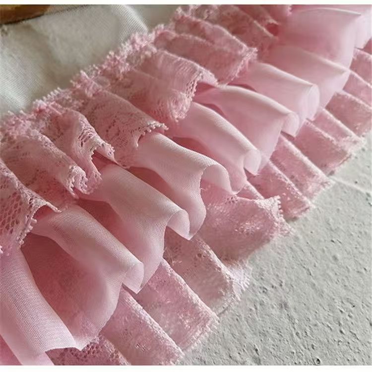 10cm de ancho tres capas de encaje rosa chiffon encaje Lolita ventanas de encaje vestido de bebé decoración DIY