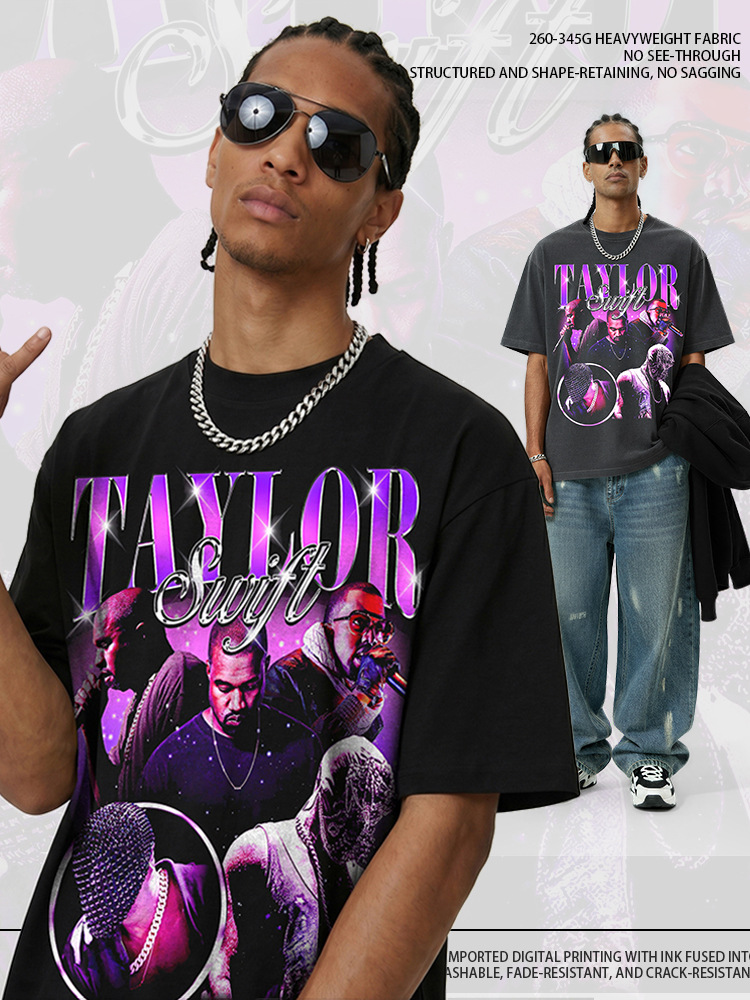 Retro KANYE WEST Spoof KANYE taylor Camiseta de manga corta suelta de algodón pesado