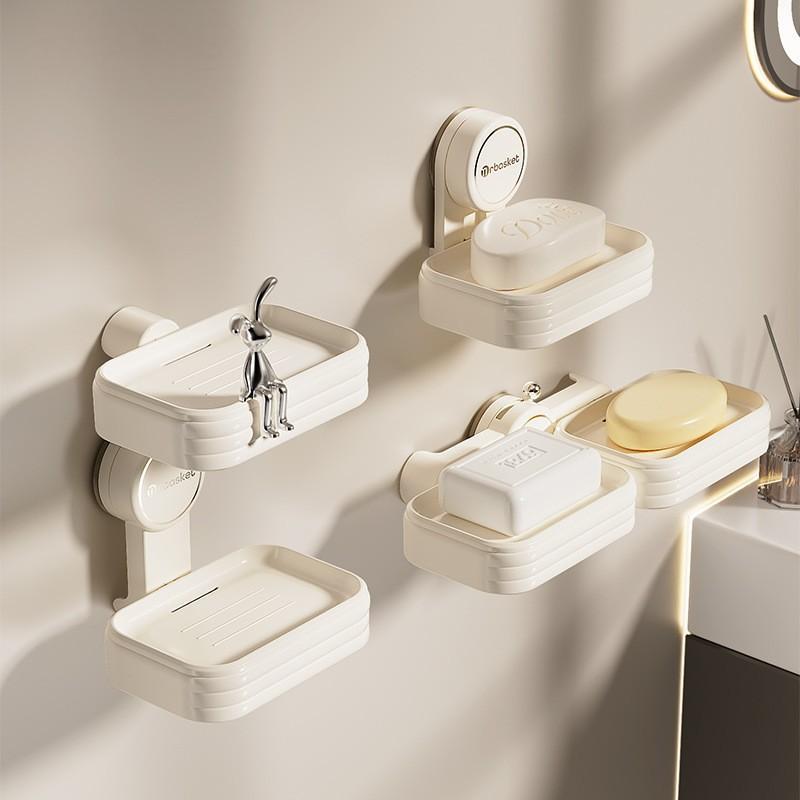 Caja de jabón ventosa sin perforación de doble estante de jabón para el baño 2024 nuevo tipo de caja de jabón de drenaje de pared