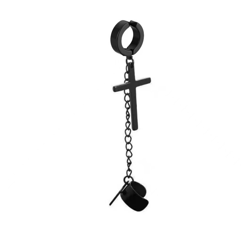 Men's Black Silver Stainless Steel Chain Pendant Cross Earrings C-Shaped Clip On Jewelry_voghion.com