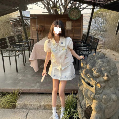 两件/套装夏日新款森系甜美温柔重工刺绣娃娃领上衣+女学生半身裙