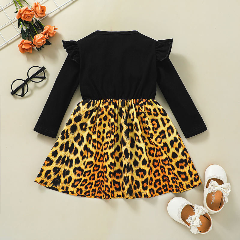 2021 Vestido De Manga Larga A Rayas Hundidas Para Niñas Otoño Falda De Retazos Con Estampado De Leopardo Para Niñas display picture 2