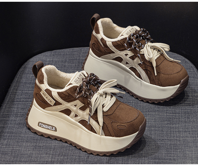 Giày sneaker nữ đế dày tăng chiều cao 7 cm phong cách đa năng mùa thu đông — M2999 li đơn màu vàng, M2999-1 màu vàng nhung, M2999-1 màu nâu cộng nhung, M2999 lớp lót đơn màu nâu chi tiết 22