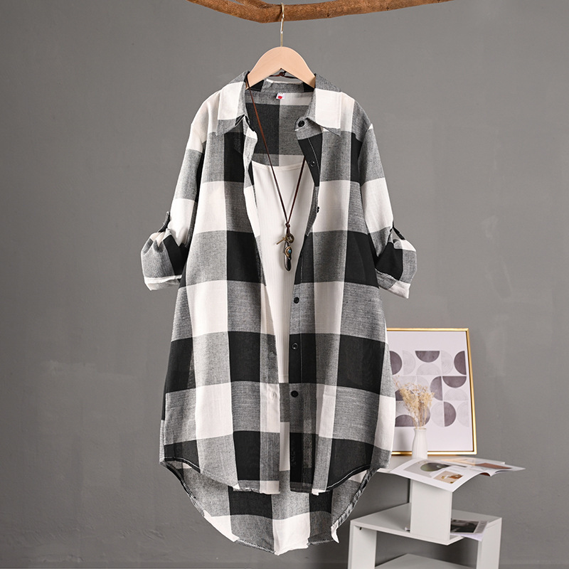 Cross-border foreign trade Women's plaid shirt spring and summer thin sunscreen versatile cardigan jacket mid-length long sleeve shirt