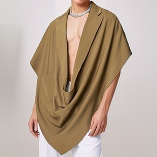 2025 Summer Foreign Trade New Casual Lapel Sleeveless Cape Men's Loose Street Solid Color Irregular Vest
