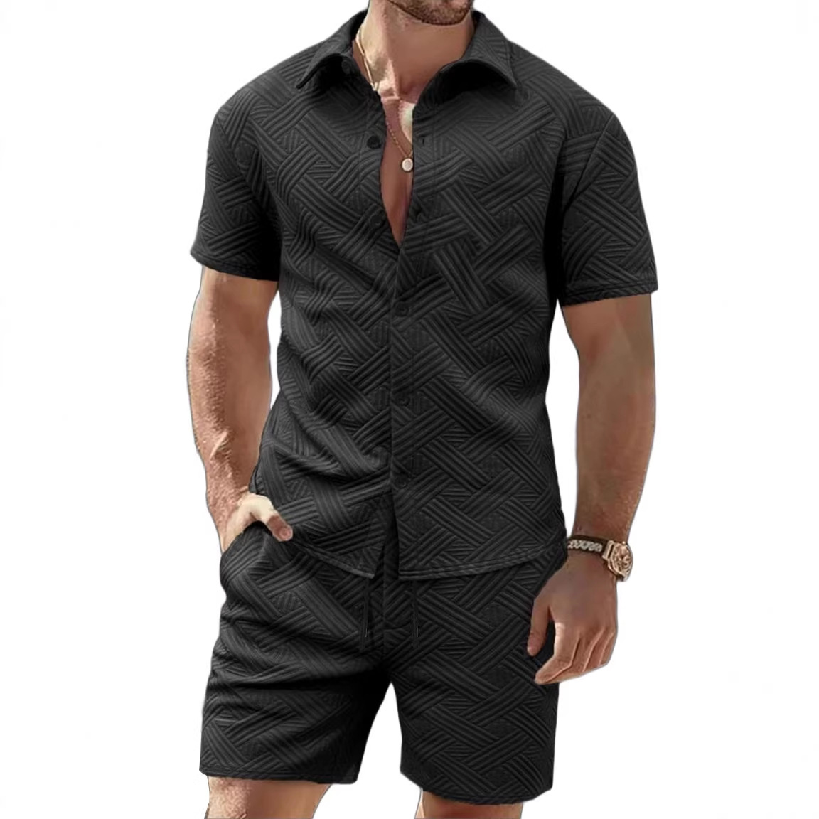 Nuevo comercio exterior transfronterizo nuevo hombre de verano Jacquard de color sólido con solapa Cardigan con solapa Casual camisa de manga corta set