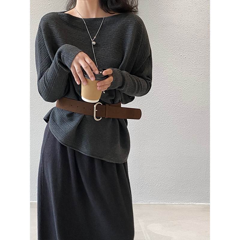 Jiangzuo Korean Style High-End Long-Sleeved Slanted Shoulder Knitwear for Women Early Autumn Elegant with Belt Asymmetrical Top 9033