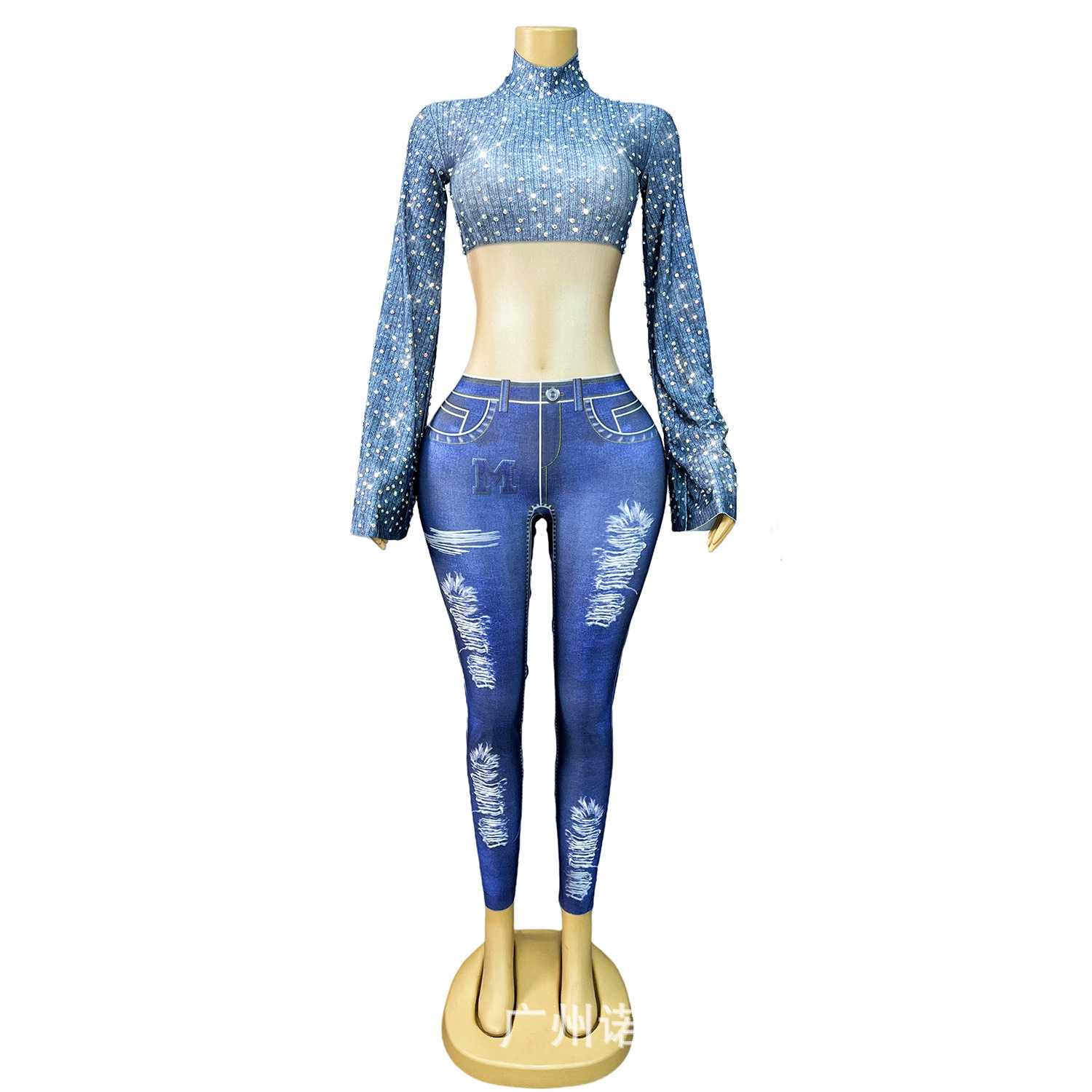 Unique Niche Denim Print Slim Sexy Waist-Revealing Pants Suit Marathon Jiu-Jitsu Nightclub Stage Performance Clothing