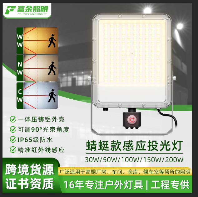 Cross-border intelligent sensor LED floodlight, dimmable by dial code, die-cast aluminum outdoor floodlight for warehouse and factory use Cross-border intelligent sensor LED floodlight, dimmable by dial code, die-cast aluminum outdoor floodlight for warehouse and factory use