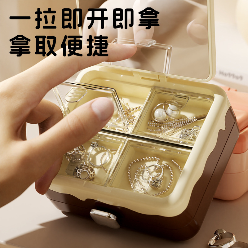 Caja de almacenamiento de joyas con espejo de maquillaje pernos de orejas anillo de almacenamiento portátil exquisita mini caja de joyas multicapa para el hogar