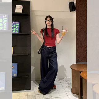 美式深蓝阔腿牛仔裤女春秋百搭小个子高腰宽松显瘦垂感直筒拖地裤
